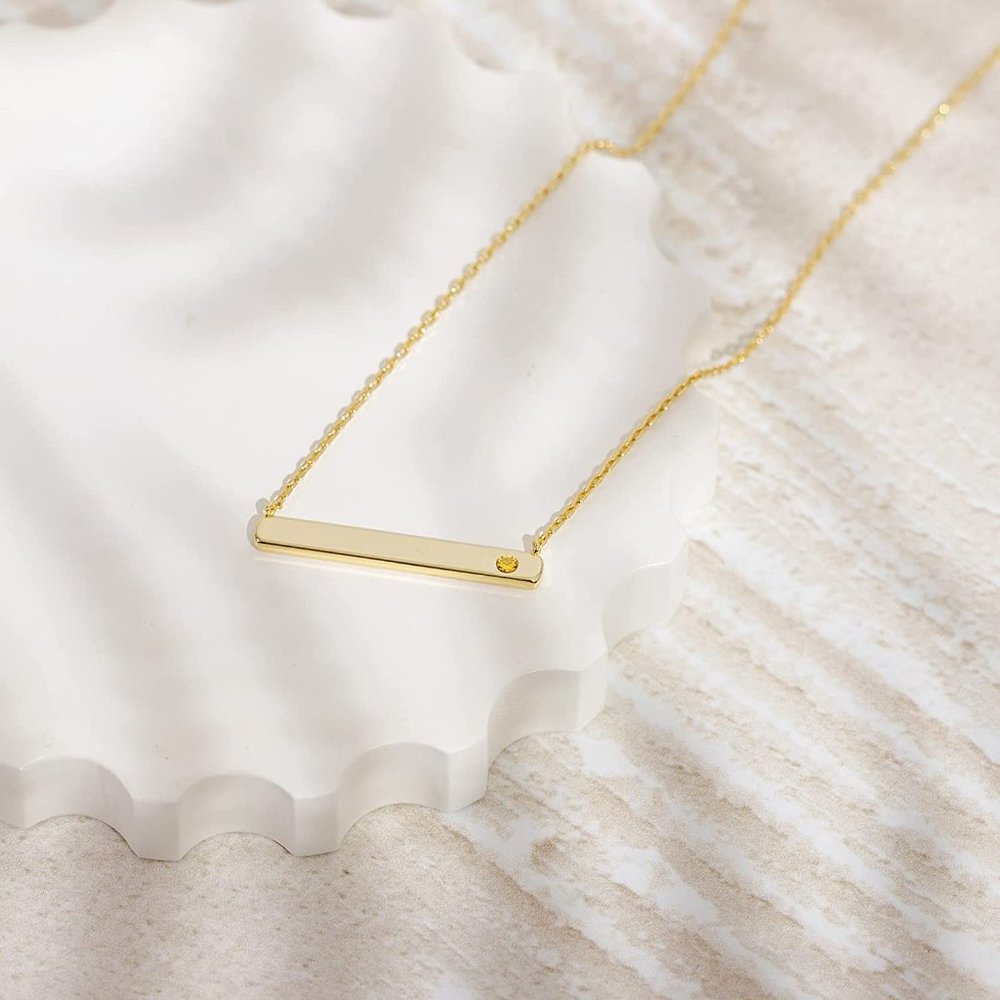 14K Gold Plated Crystal Birthstone Bar Necklace | Dainty Necklace | Gold - Picture 4 of 16